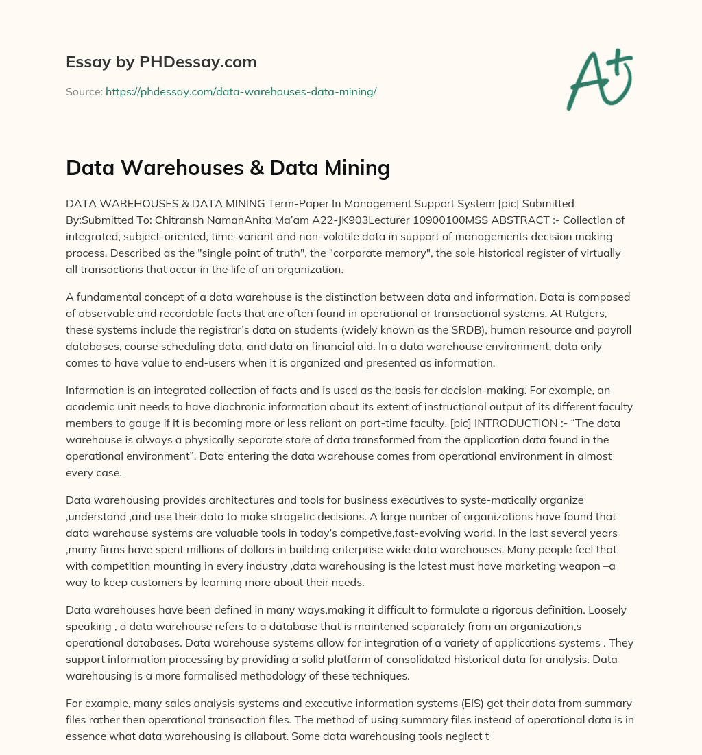 Data Warehouses & Data Mining essay