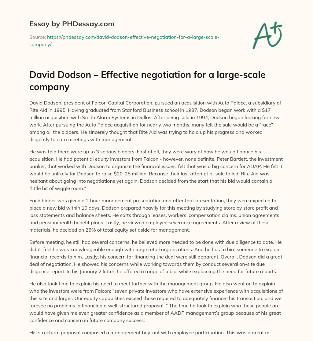 David Dodson – Effective negotiation for a large-scale company essay