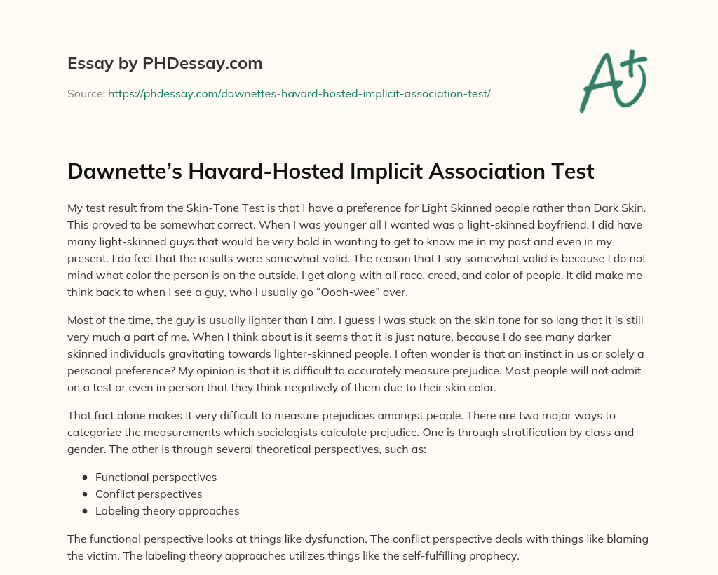 Dawnette’s Havard-Hosted Implicit Association Test essay