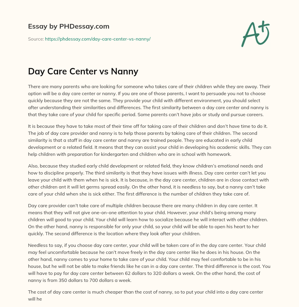 Day Care Center vs Nanny essay