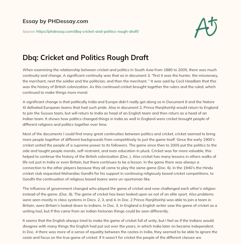 Dbq: Cricket and Politics Rough Draft essay