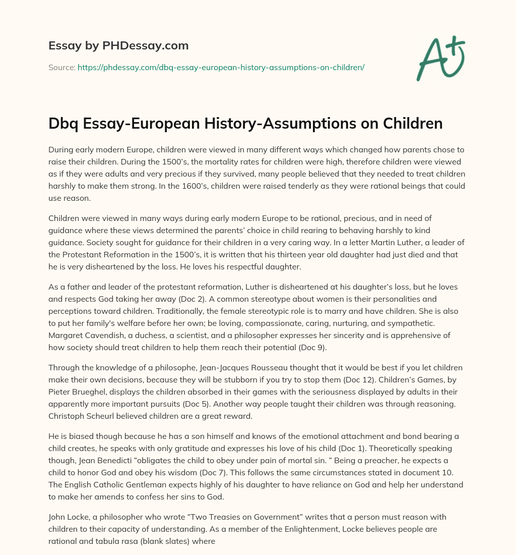 Dbq Essay-European History-Assumptions on Children essay