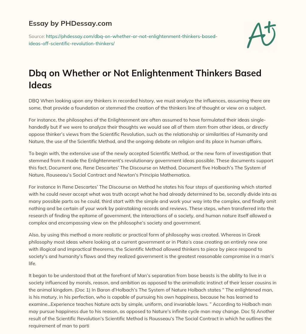 Dbq on Whether or Not Enlightenment Thinkers Based Ideas essay