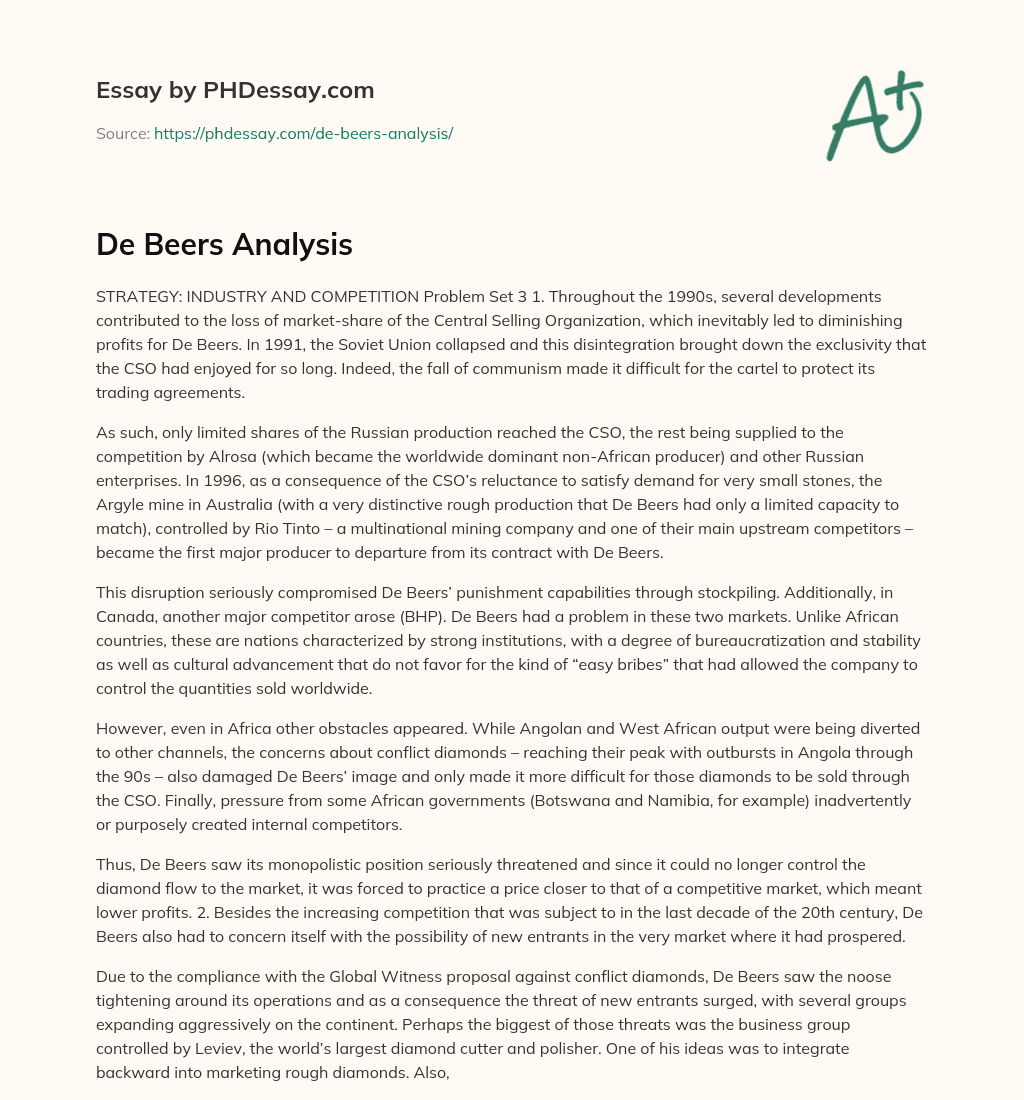 De Beers Analysis essay