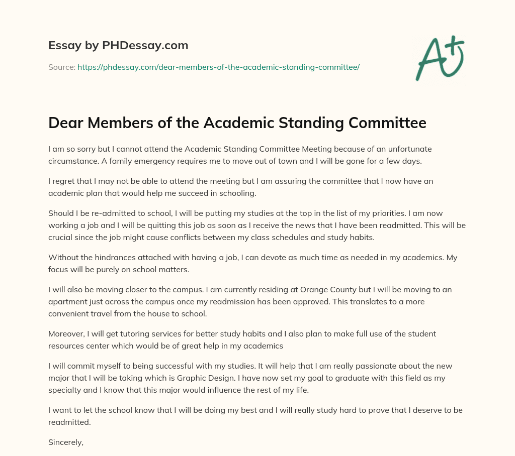 Dear Members of the Academic Standing Committee essay