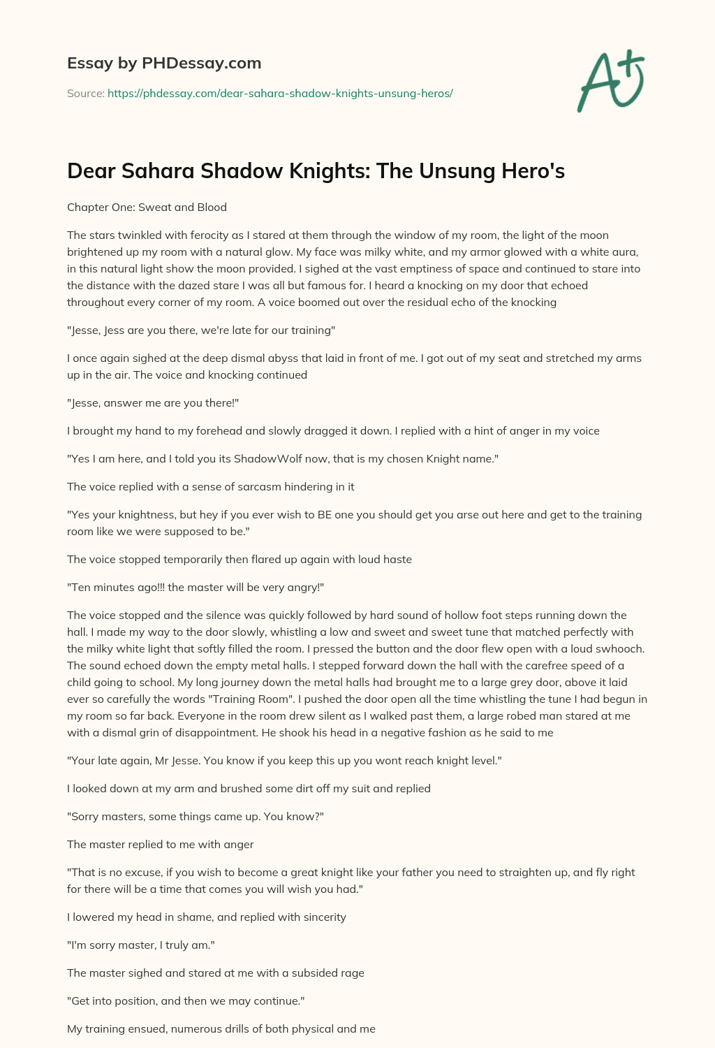 Dear Sahara Shadow Knights: The Unsung Hero’s essay