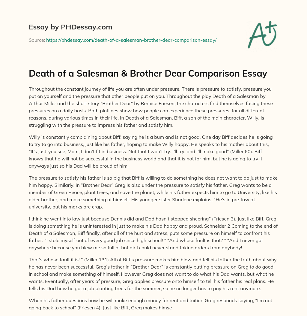 Death of a Salesman & Brother Dear Comparison Essay essay