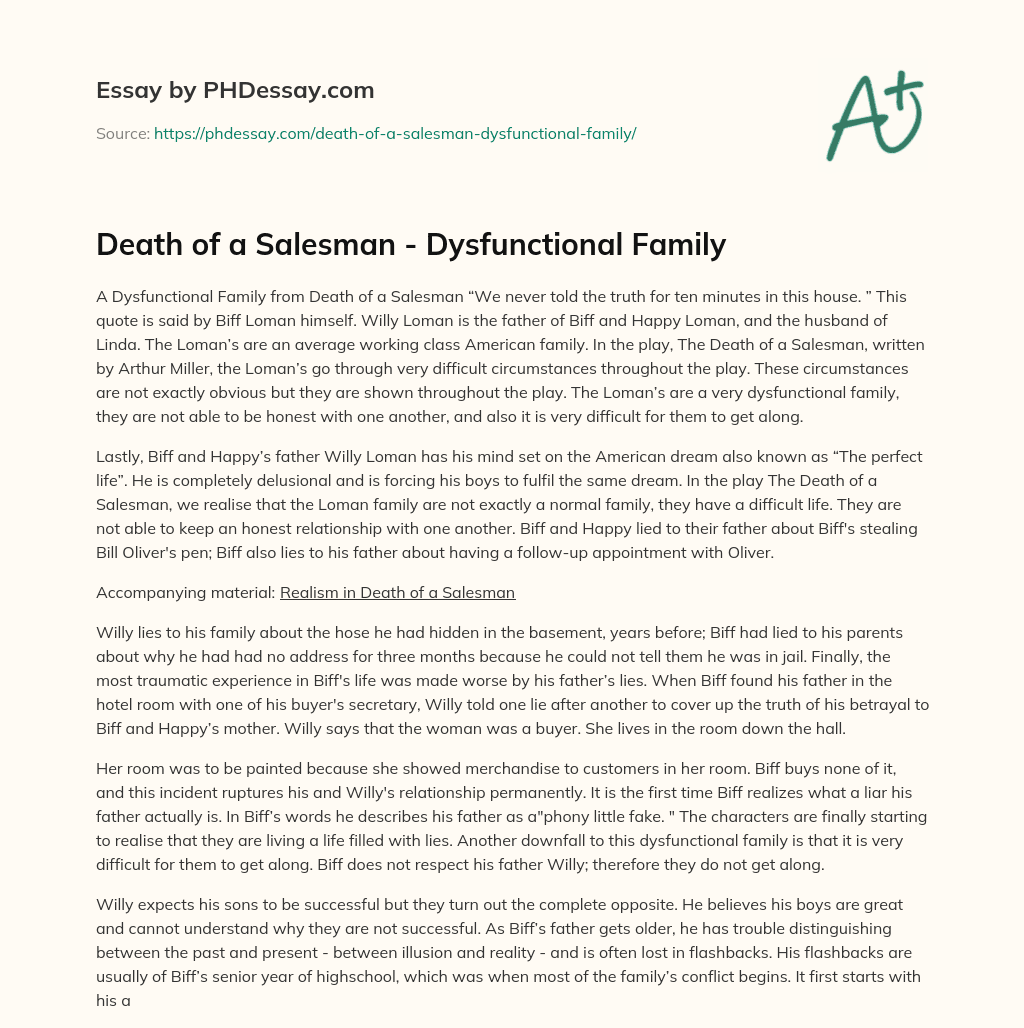 Death of a Salesman – Dysfunctional Family essay
