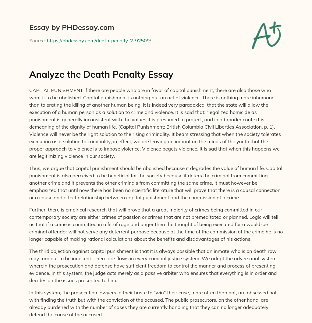 Abolishing Capital Punishment: The Inhumane and Paradoxical Act of Legalized Homicide essay