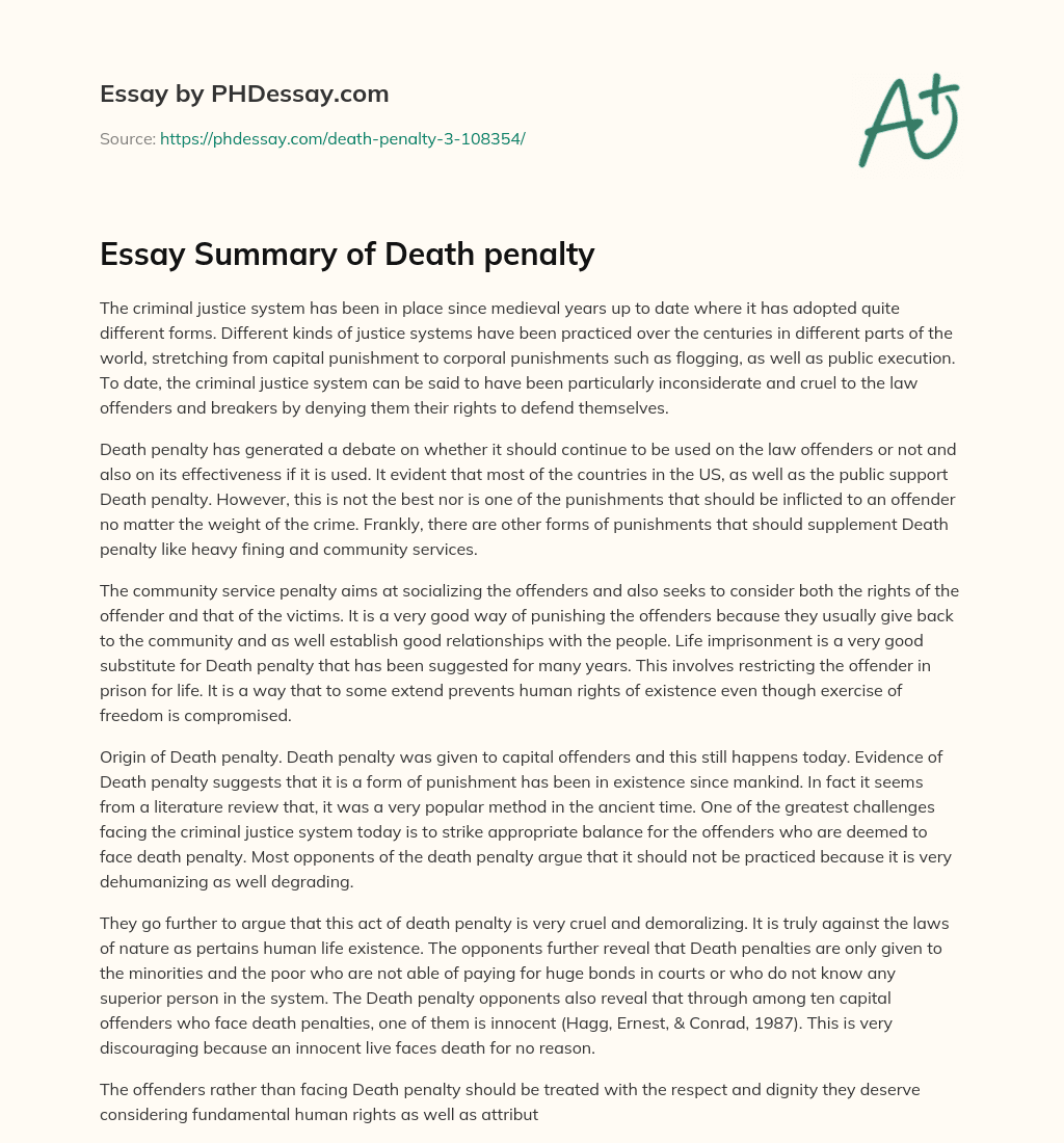 Essay Summary of Death penalty essay
