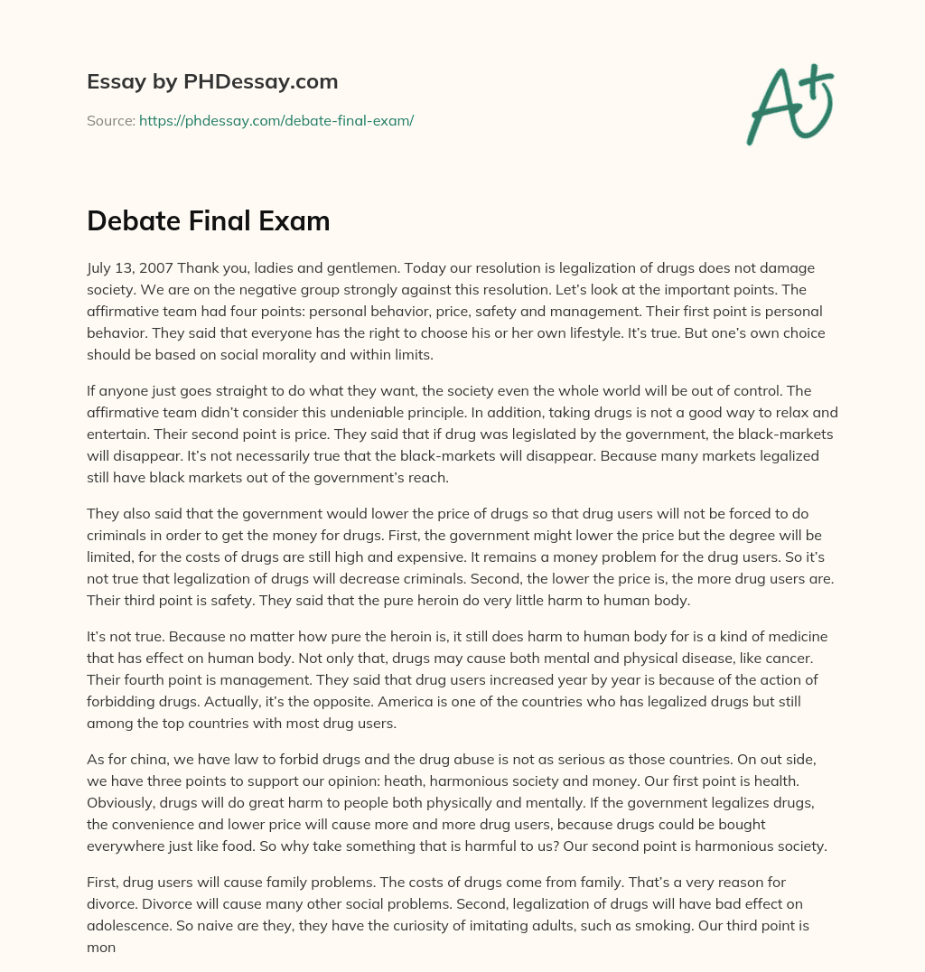 Debate Final Exam essay