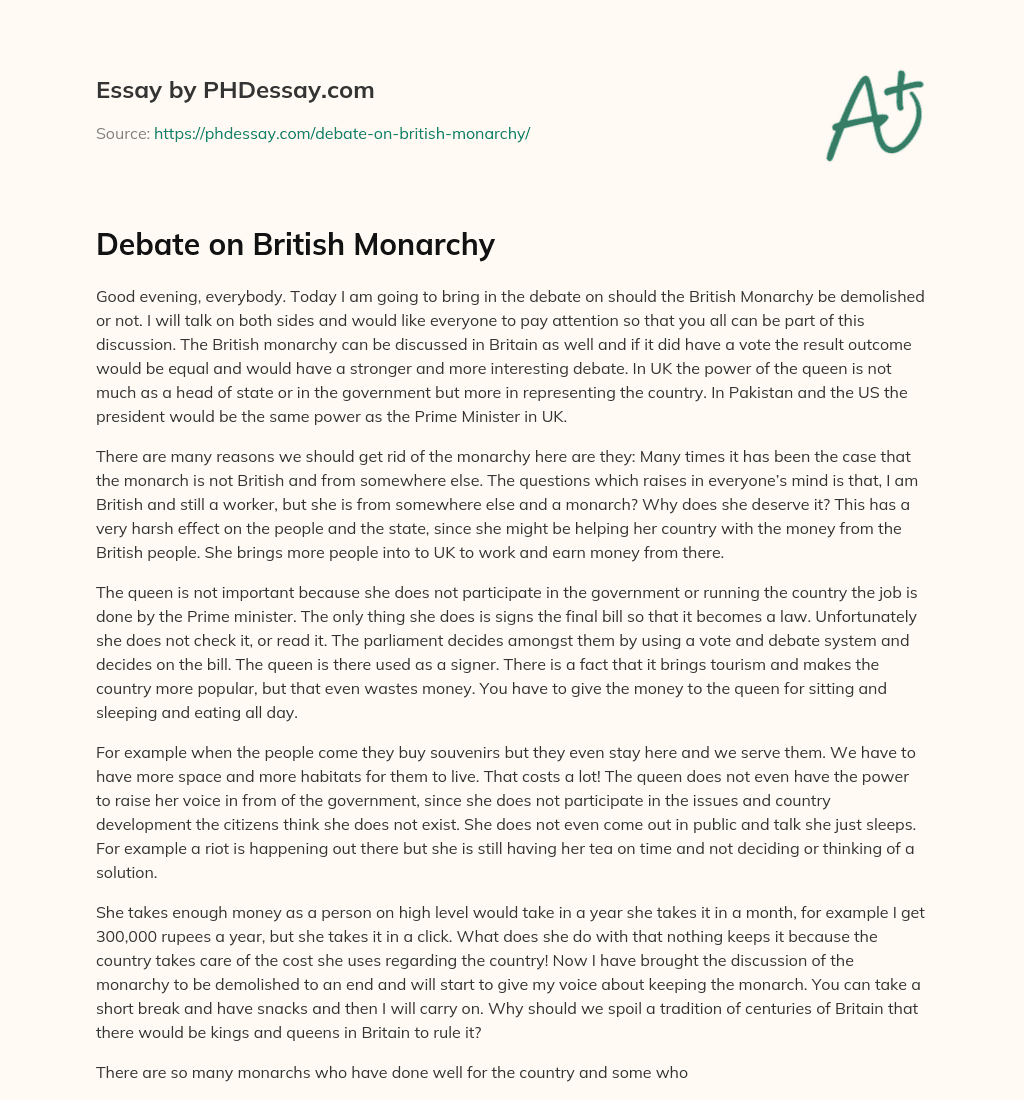 Debate on British Monarchy essay