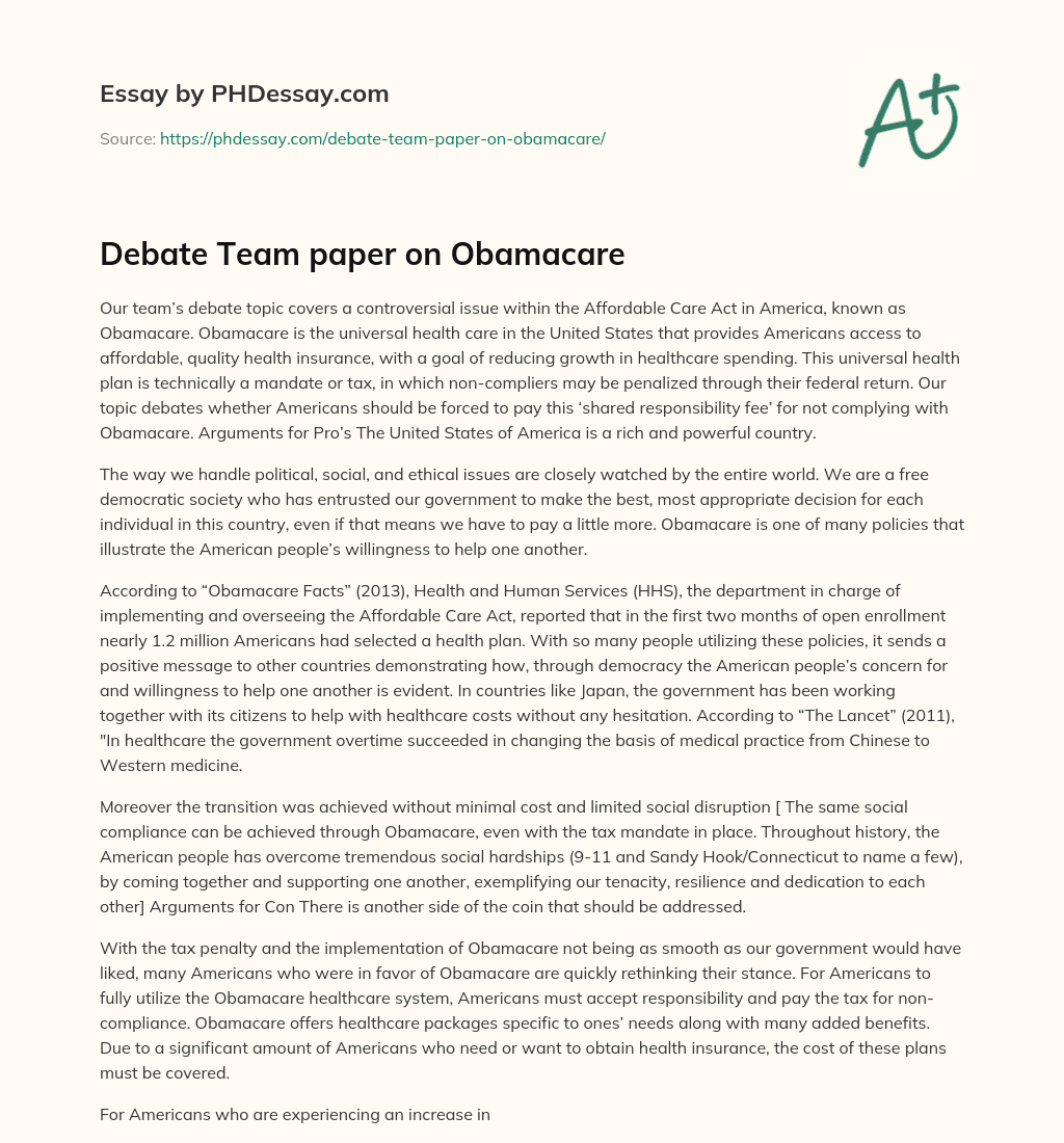 Debate Team paper on Obamacare essay