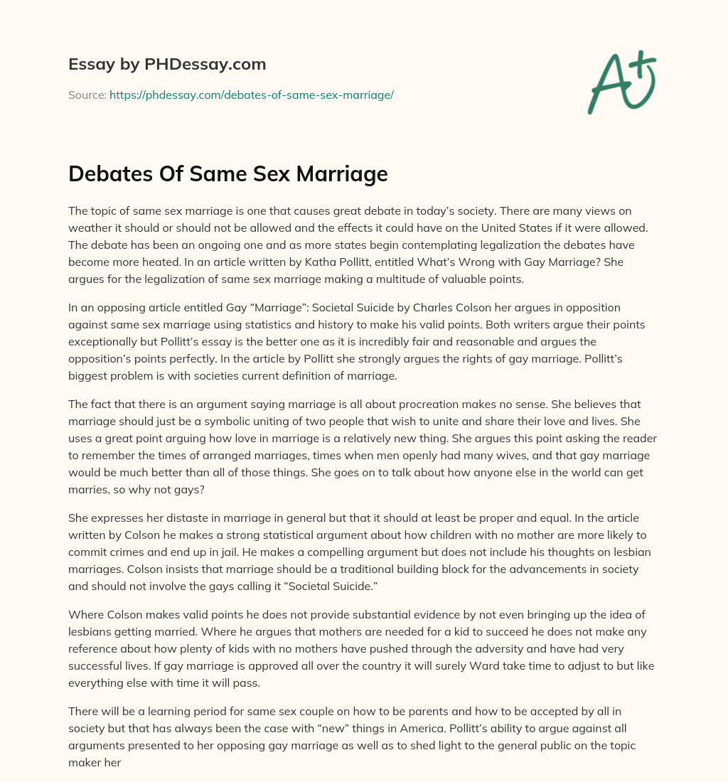 Debates Of Same Sex Marriage essay