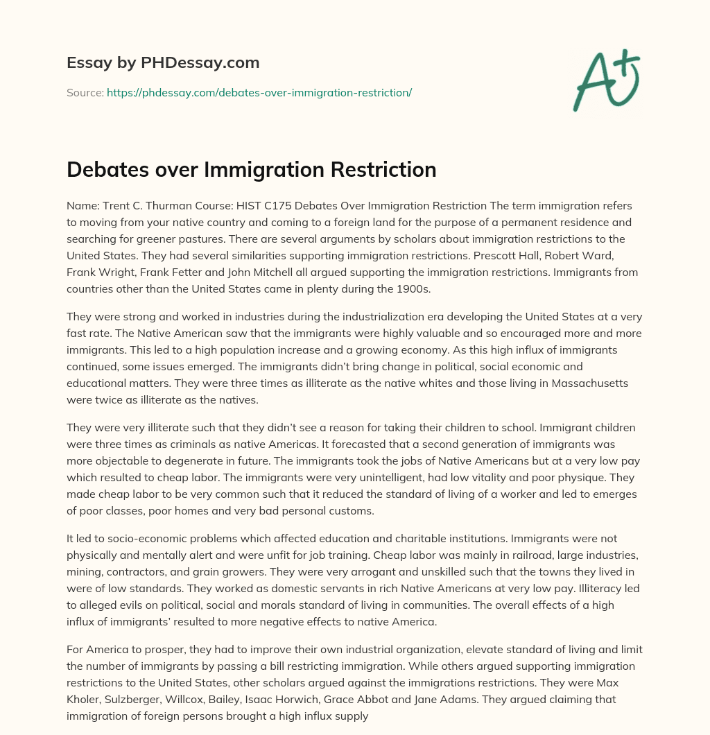 Debates over Immigration Restriction essay