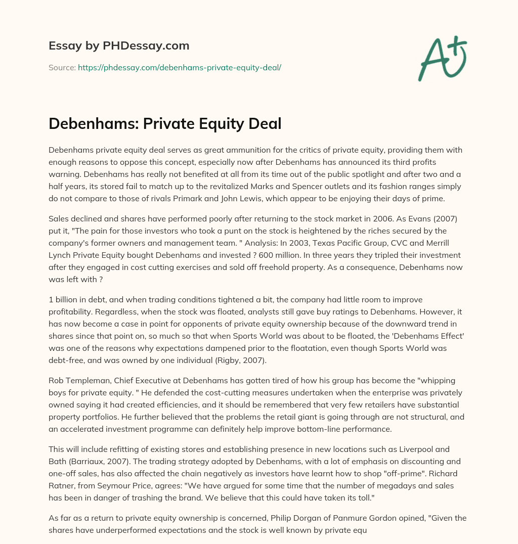 Debenhams: Private Equity Deal essay