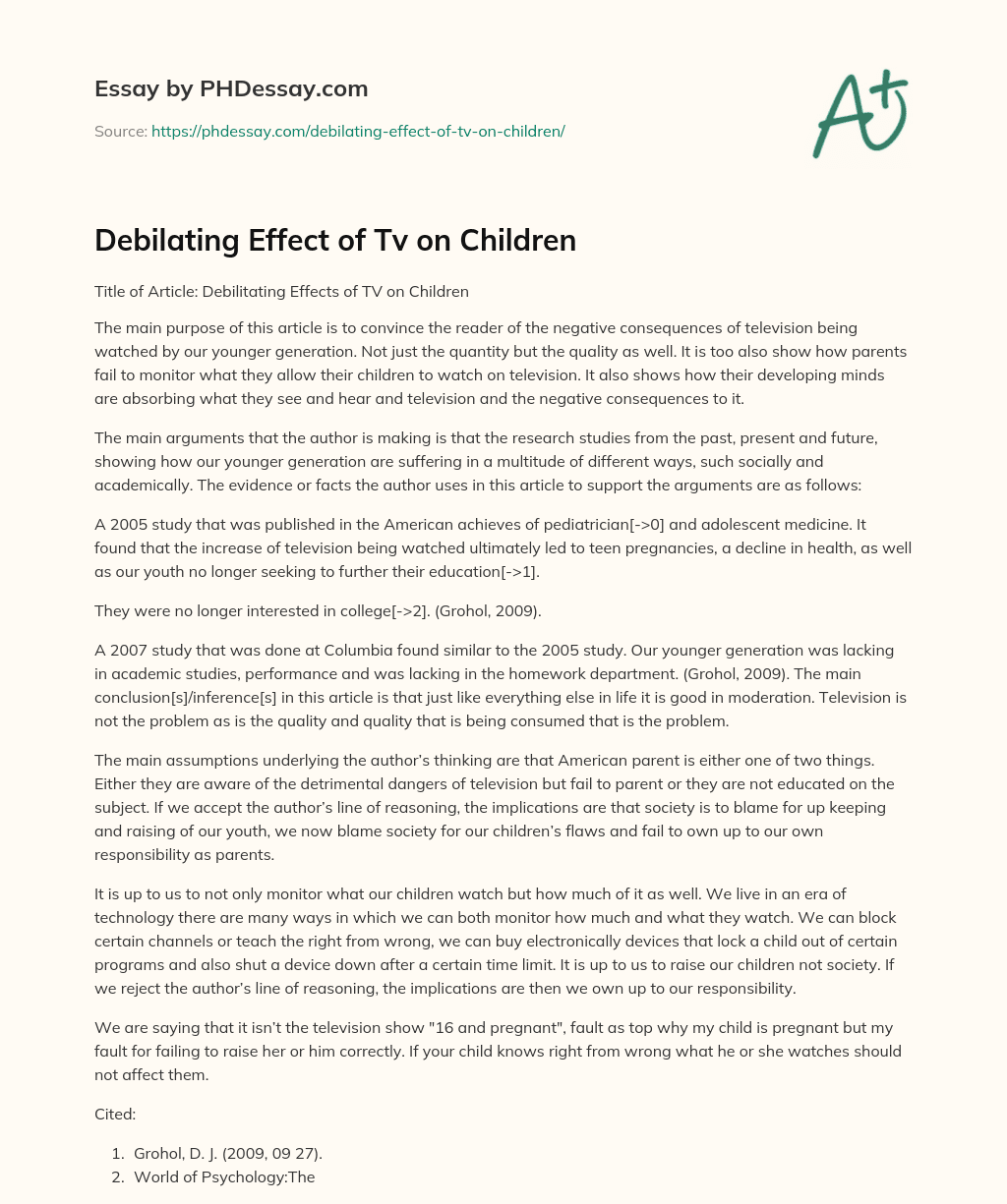 Debilating Effect of Tv on Children essay