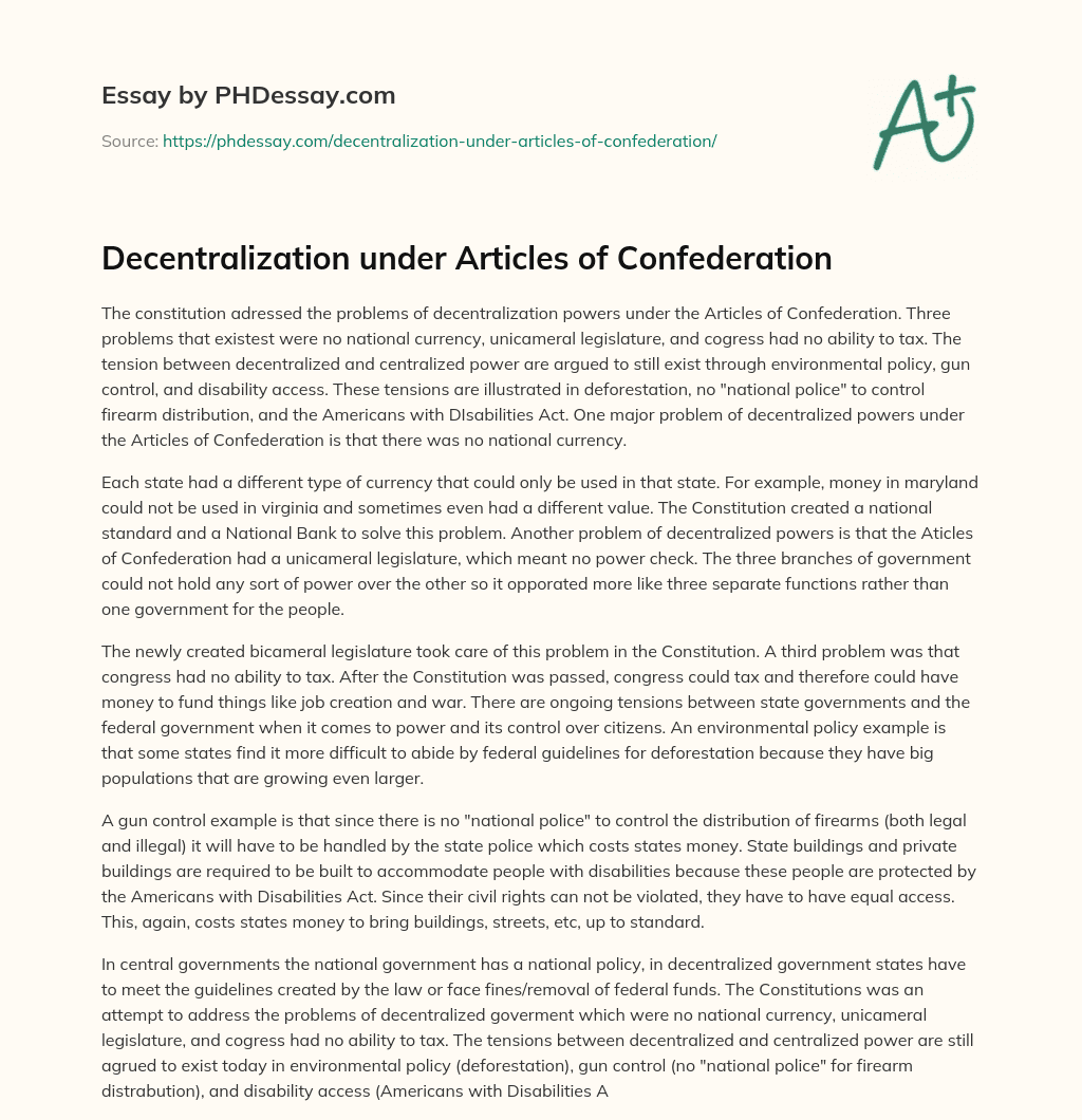 Decentralization under Articles of Confederation essay