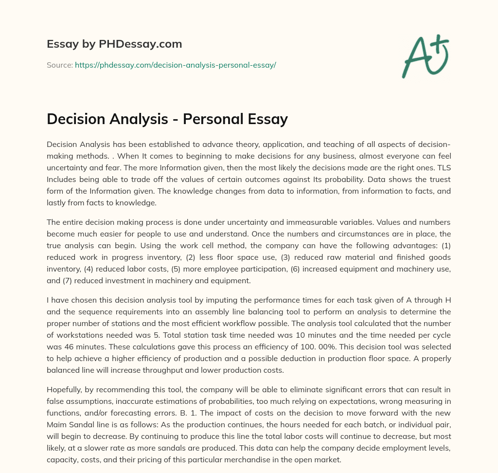 Decision Analysis – Personal Essay essay