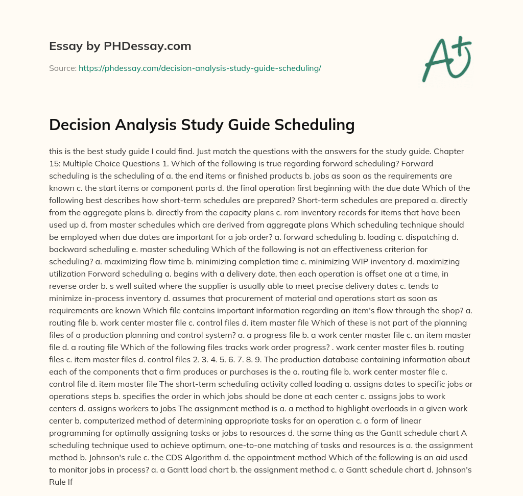 Decision Analysis Study Guide Scheduling essay
