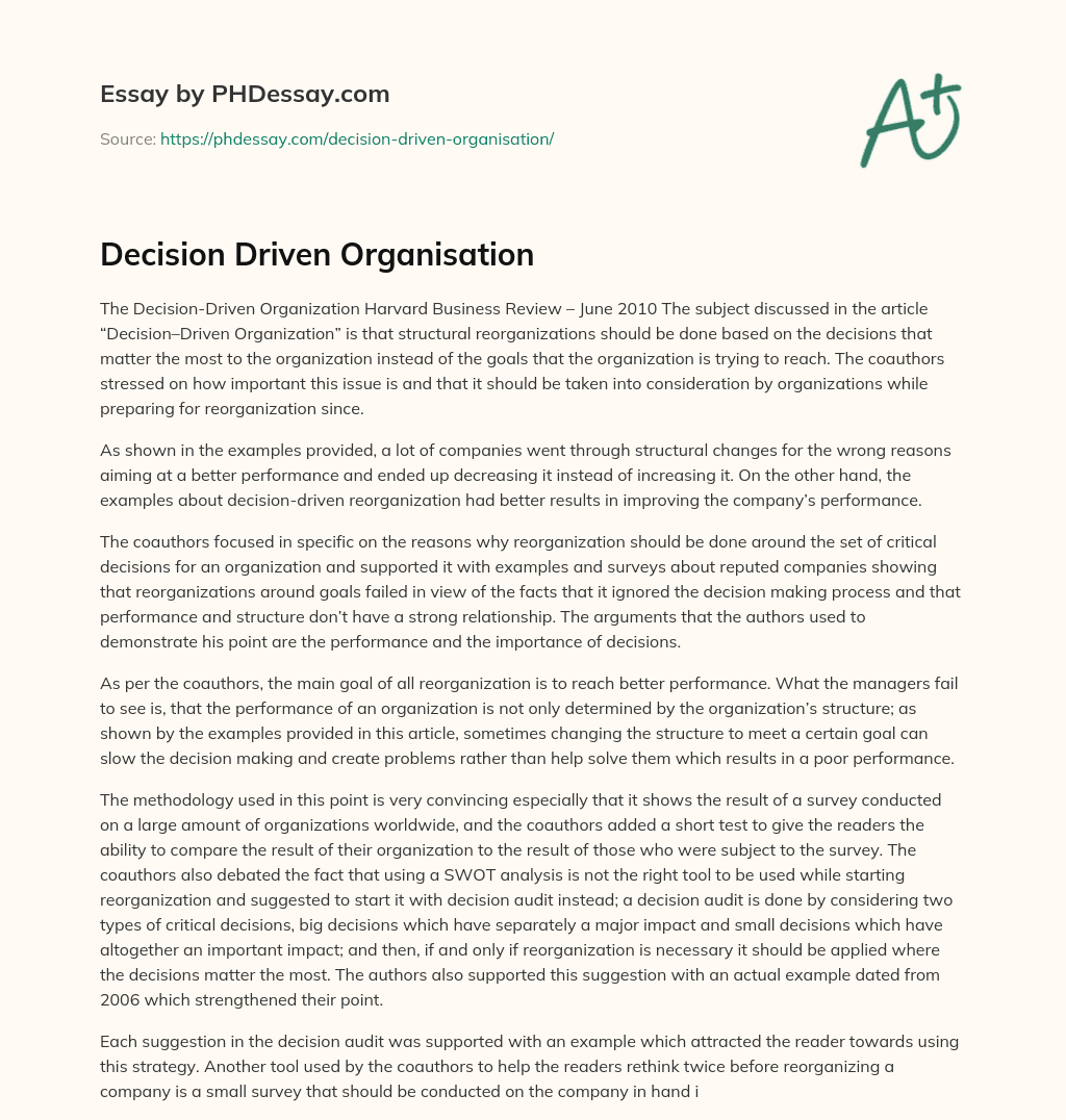 Decision Driven Organisation essay