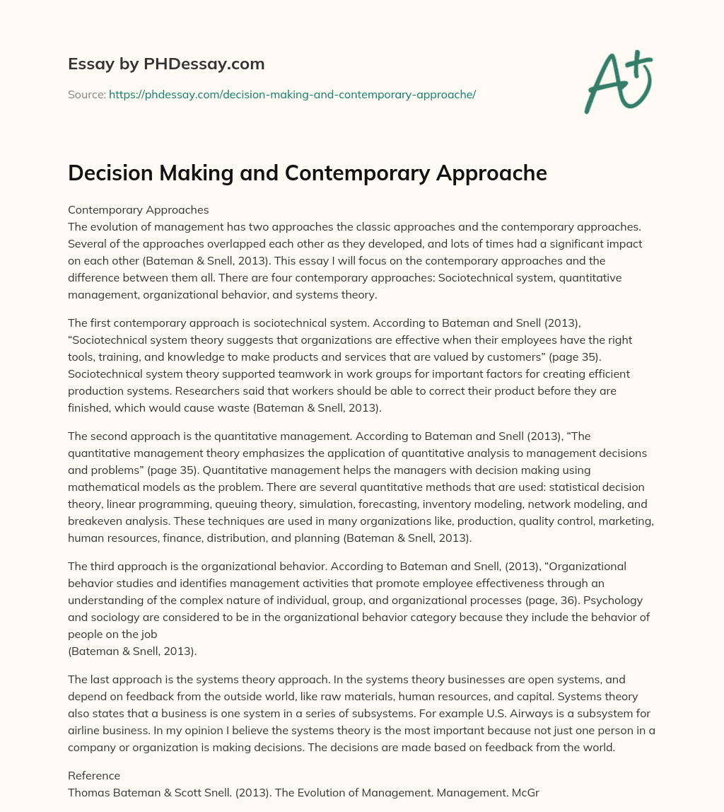 Decision Making and Contemporary Approache essay