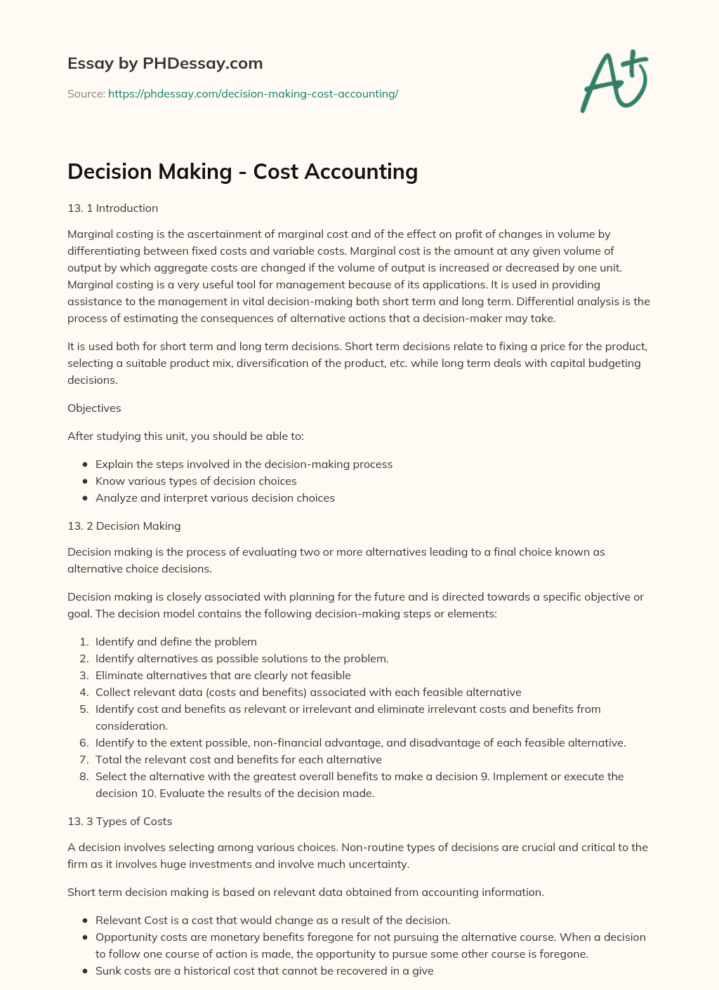 Decision Making – Cost Accounting essay