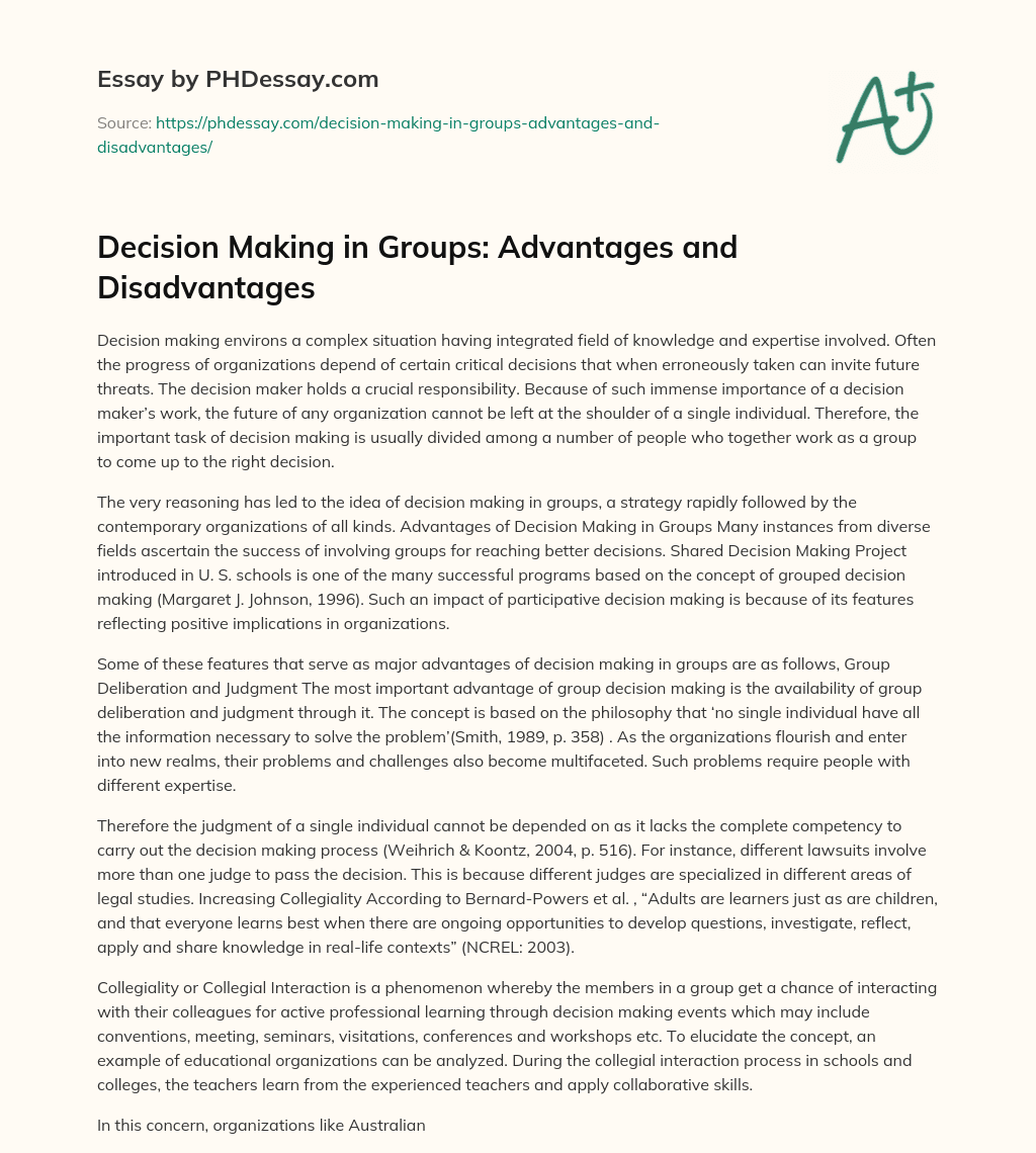 Decision Making in Groups Advantages and Disadvantages