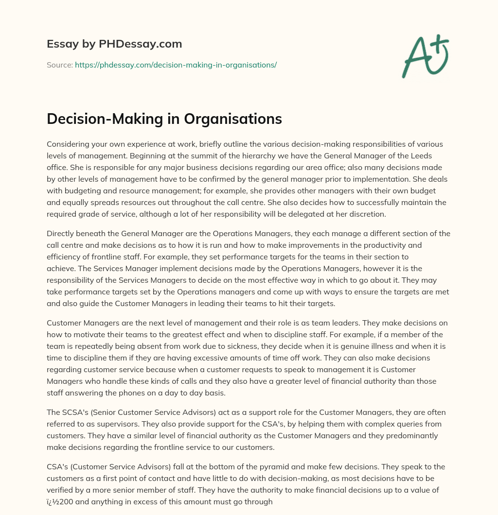 Decision-Making in Organisations essay
