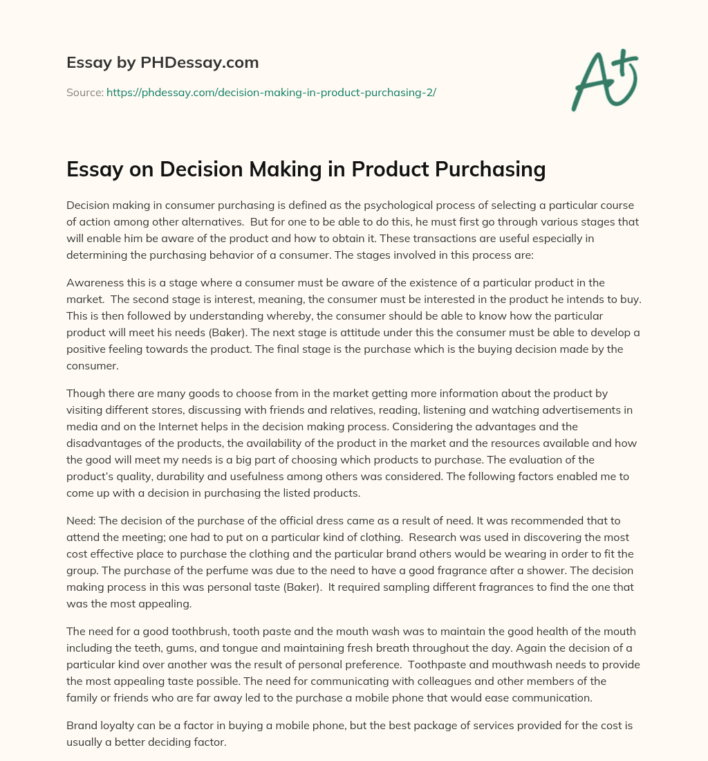 Essay on Decision Making in Product Purchasing essay