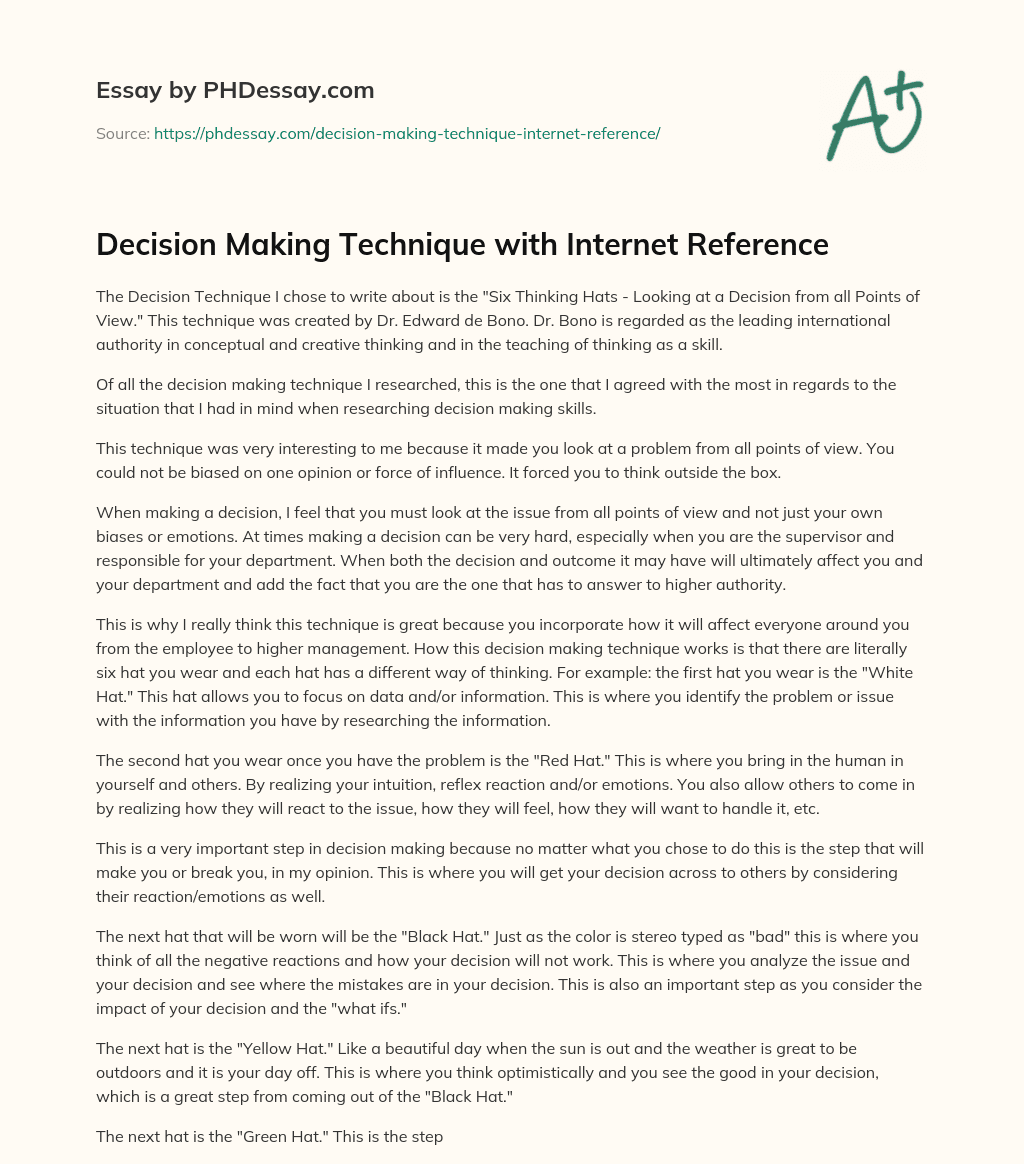 Decision Making Technique with Internet Reference essay