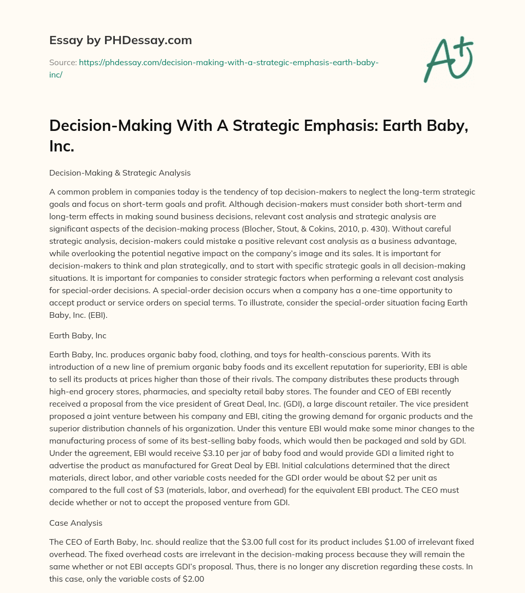 Decision-Making With A Strategic Emphasis: Earth Baby, Inc. essay