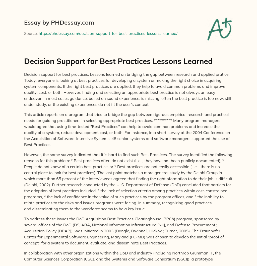Decision Support for Best Practices Lessons Learned essay