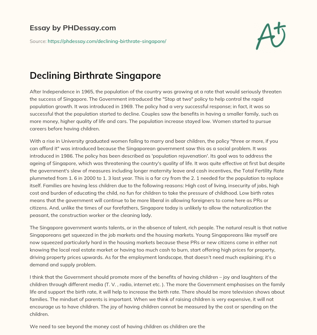 Declining Birthrate Singapore essay