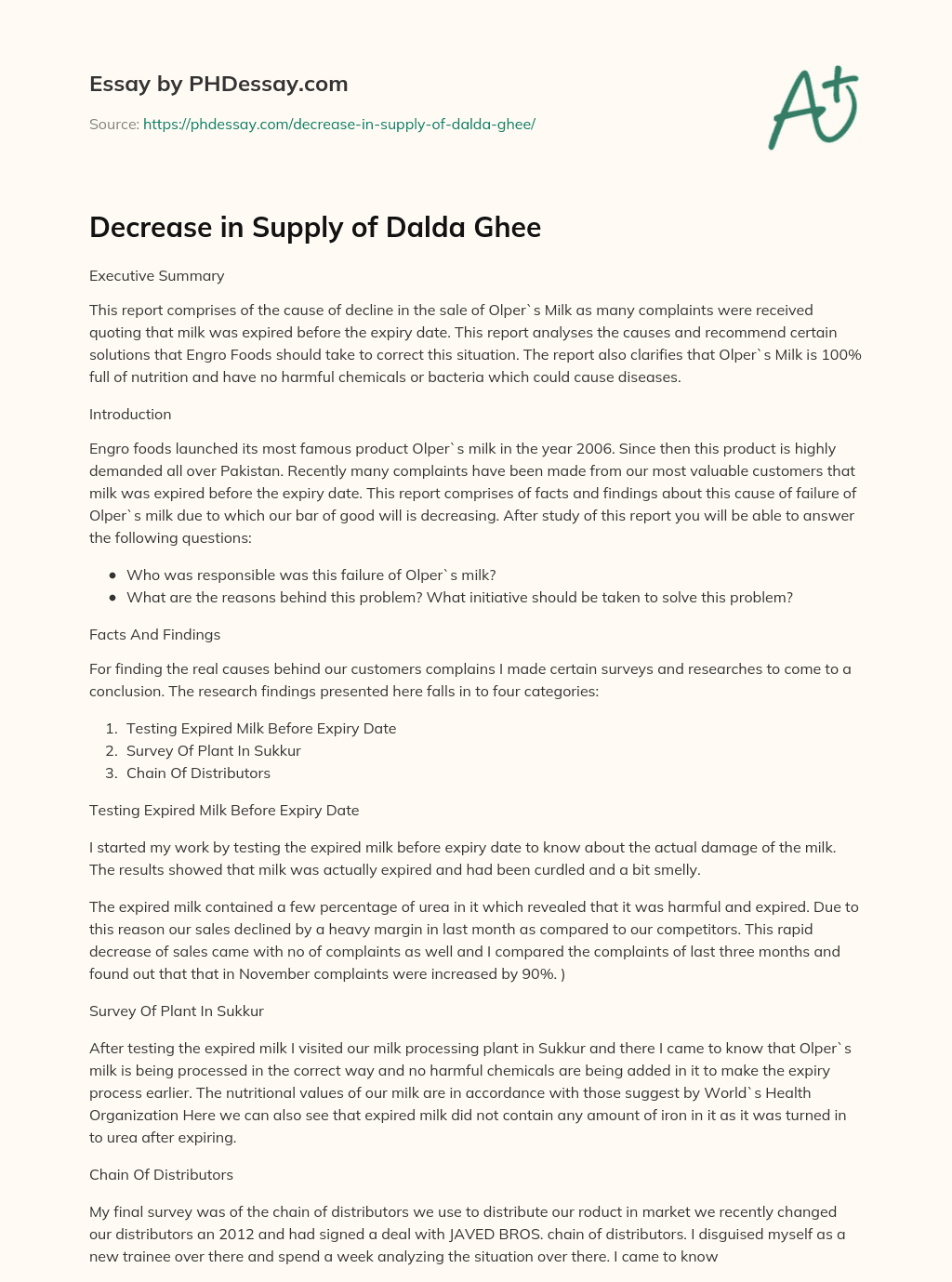 Decrease in Supply of Dalda Ghee essay