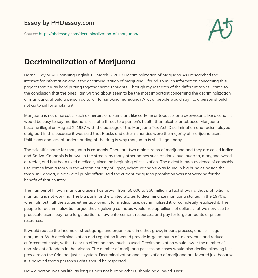 essay on decriminalization of marijuana