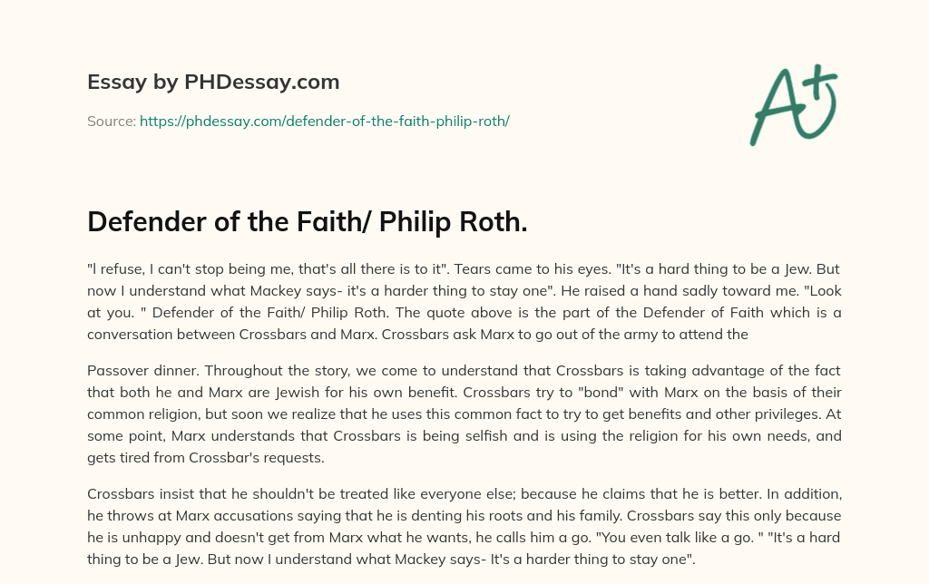 Defender of the Faith/ Philip Roth. essay