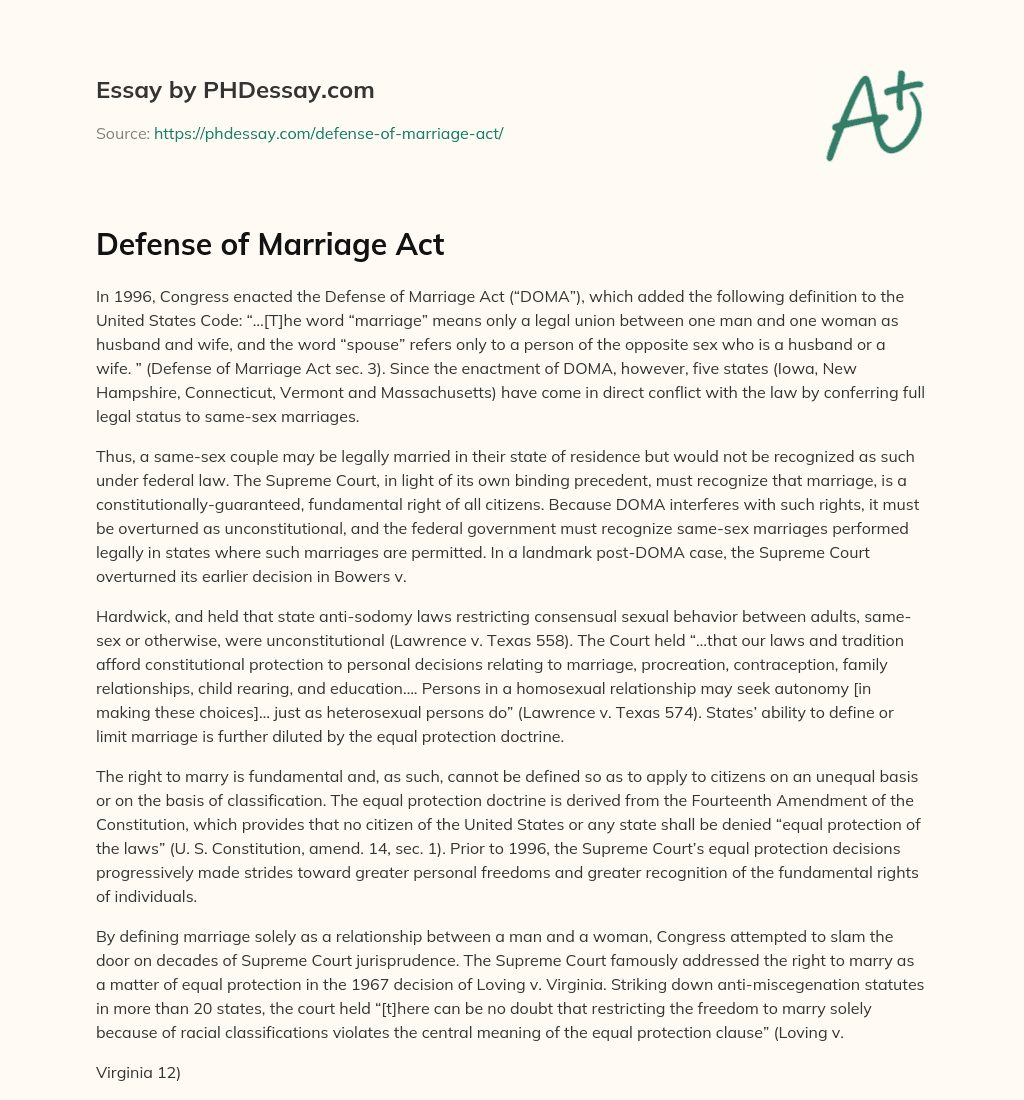Defense of Marriage Act essay