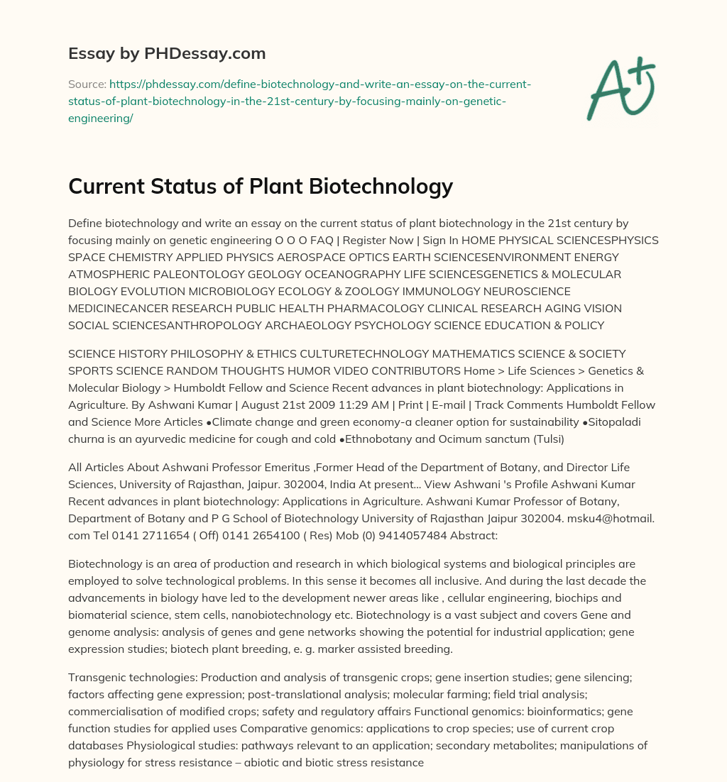 Current Status of Plant Biotechnology essay