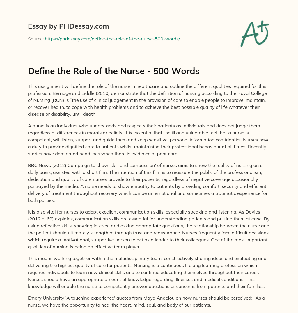 Define the Role of the Nurse – 500 Words essay