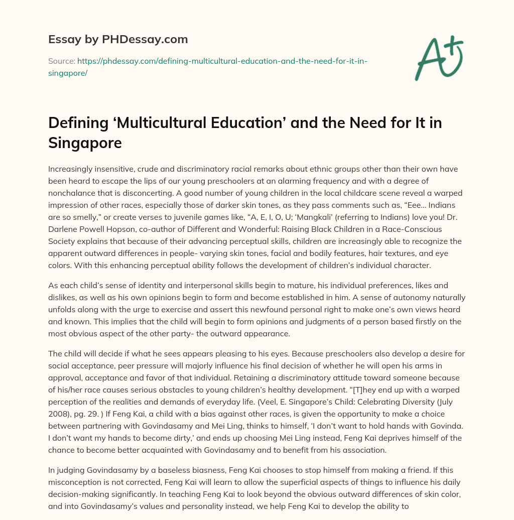 Defining ‘Multicultural Education’ and the Need for It in Singapore essay