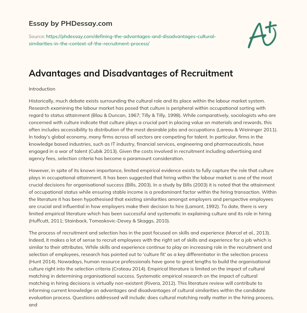 Advantages and Disadvantages of Recruitment essay