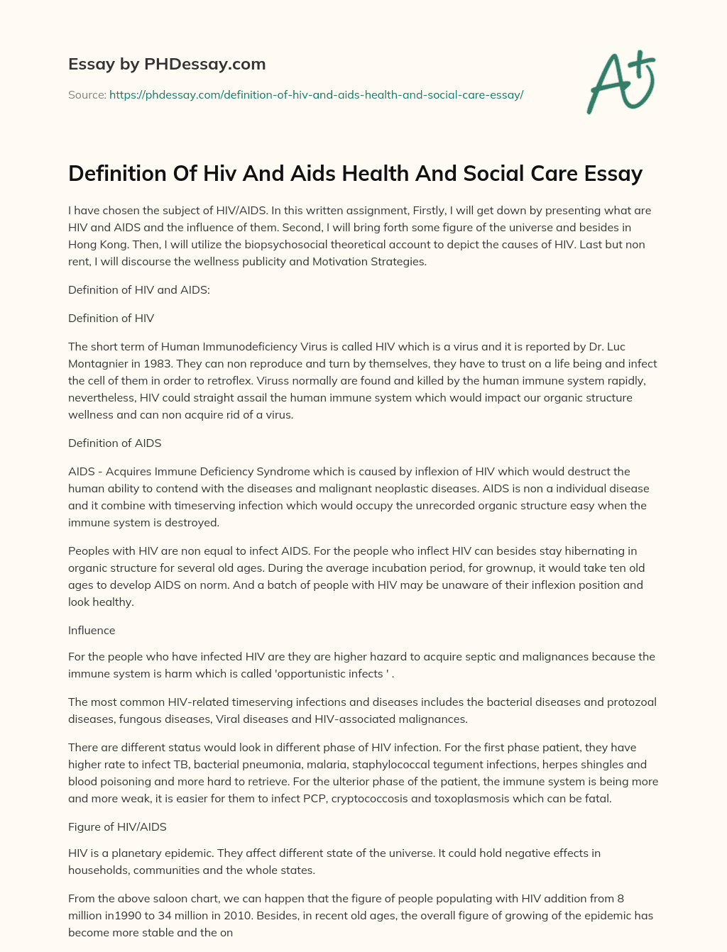 Definition Of Hiv And Aids Health And Social Care Essay - PHDessay.com