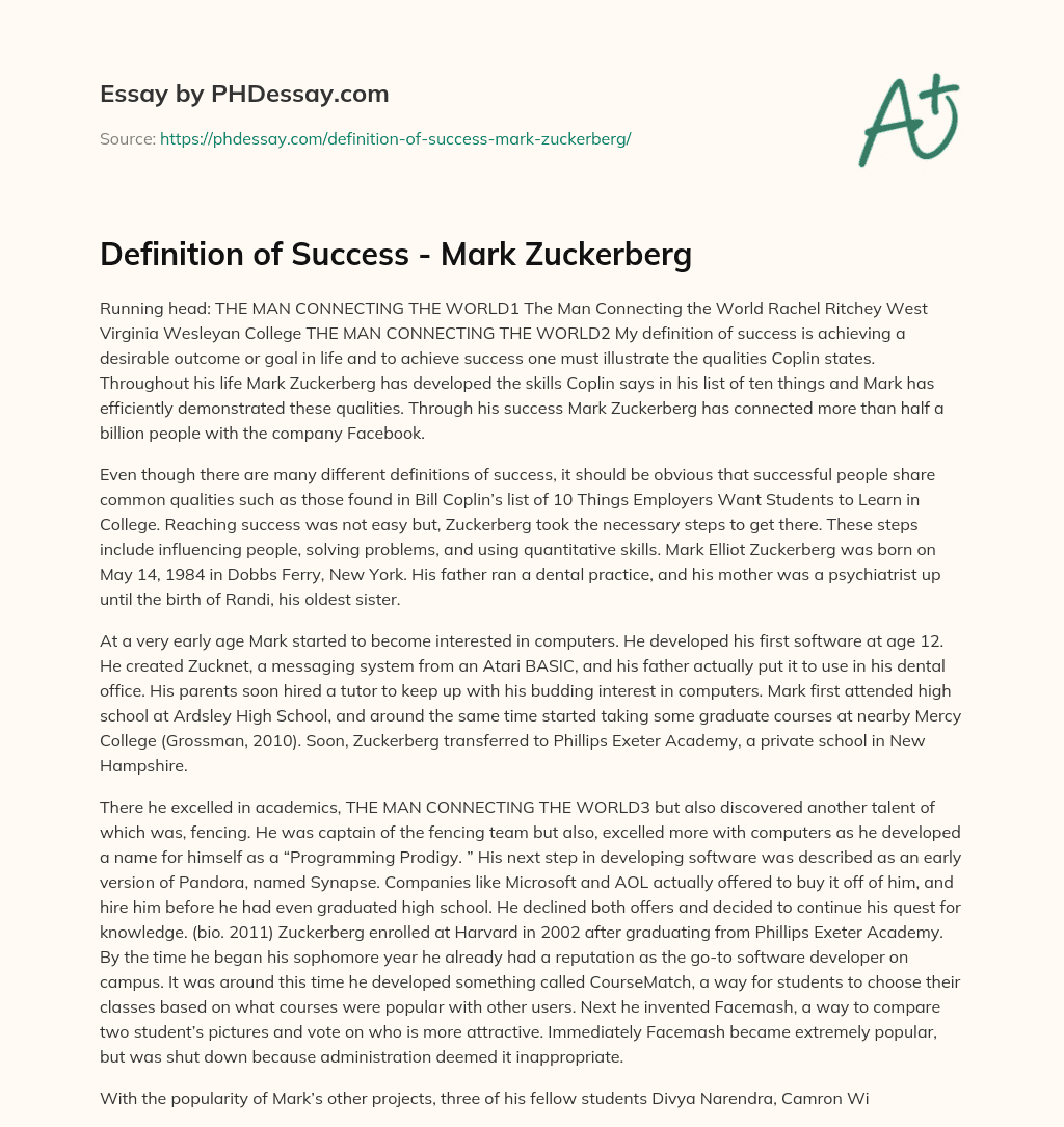 Definition of Success – Mark Zuckerberg essay