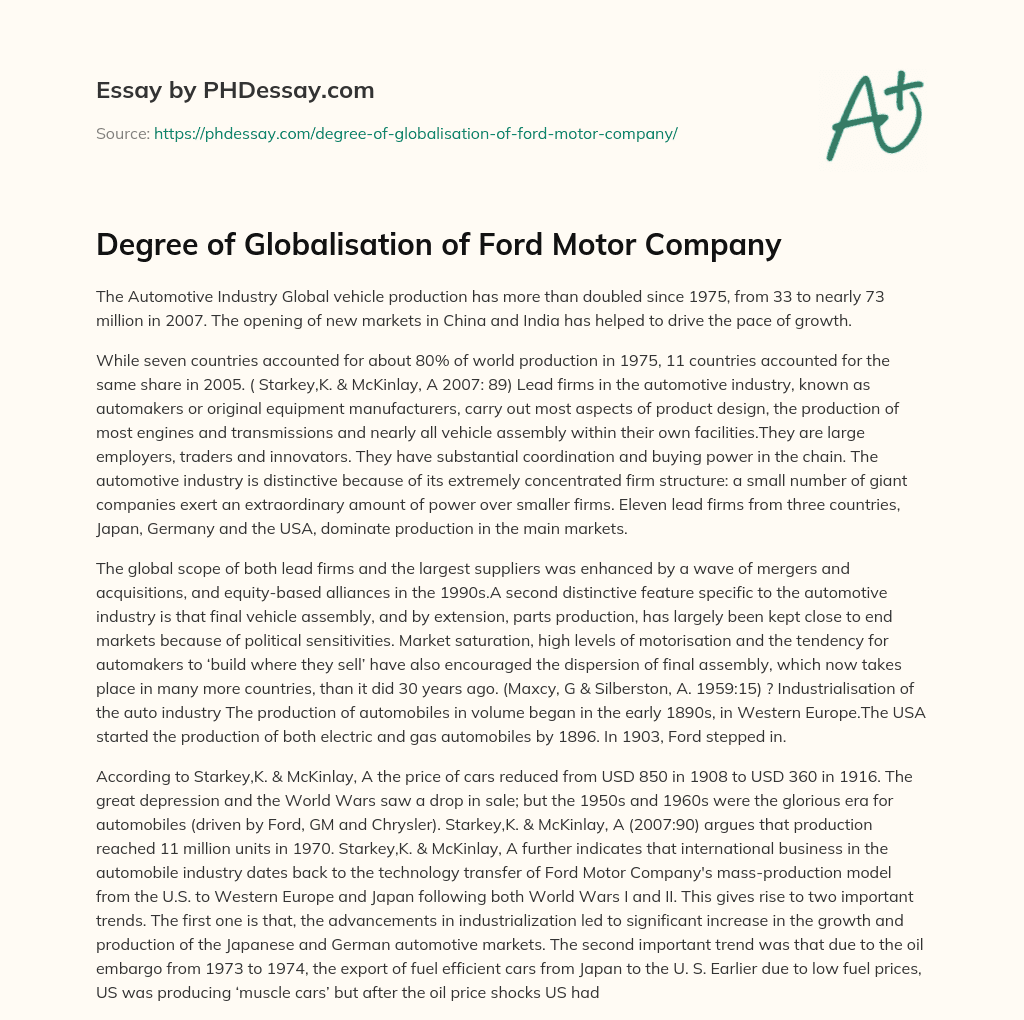 Degree of Globalisation of Ford Motor Company essay