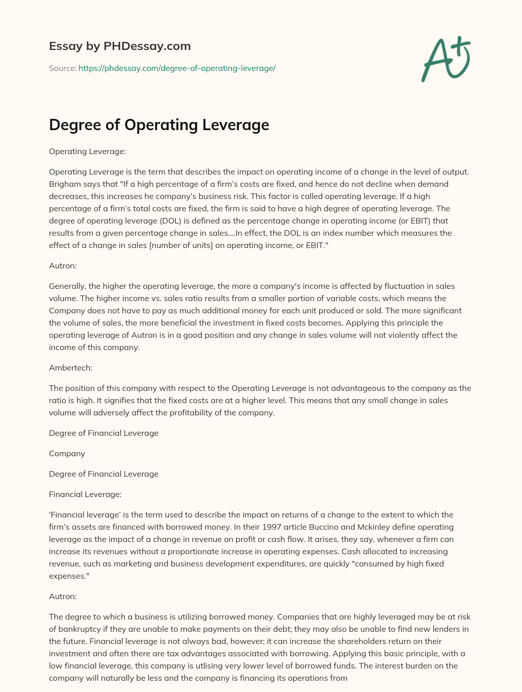 Degree of Operating Leverage essay