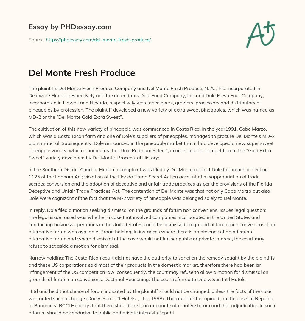 Del Monte Fresh Produce essay
