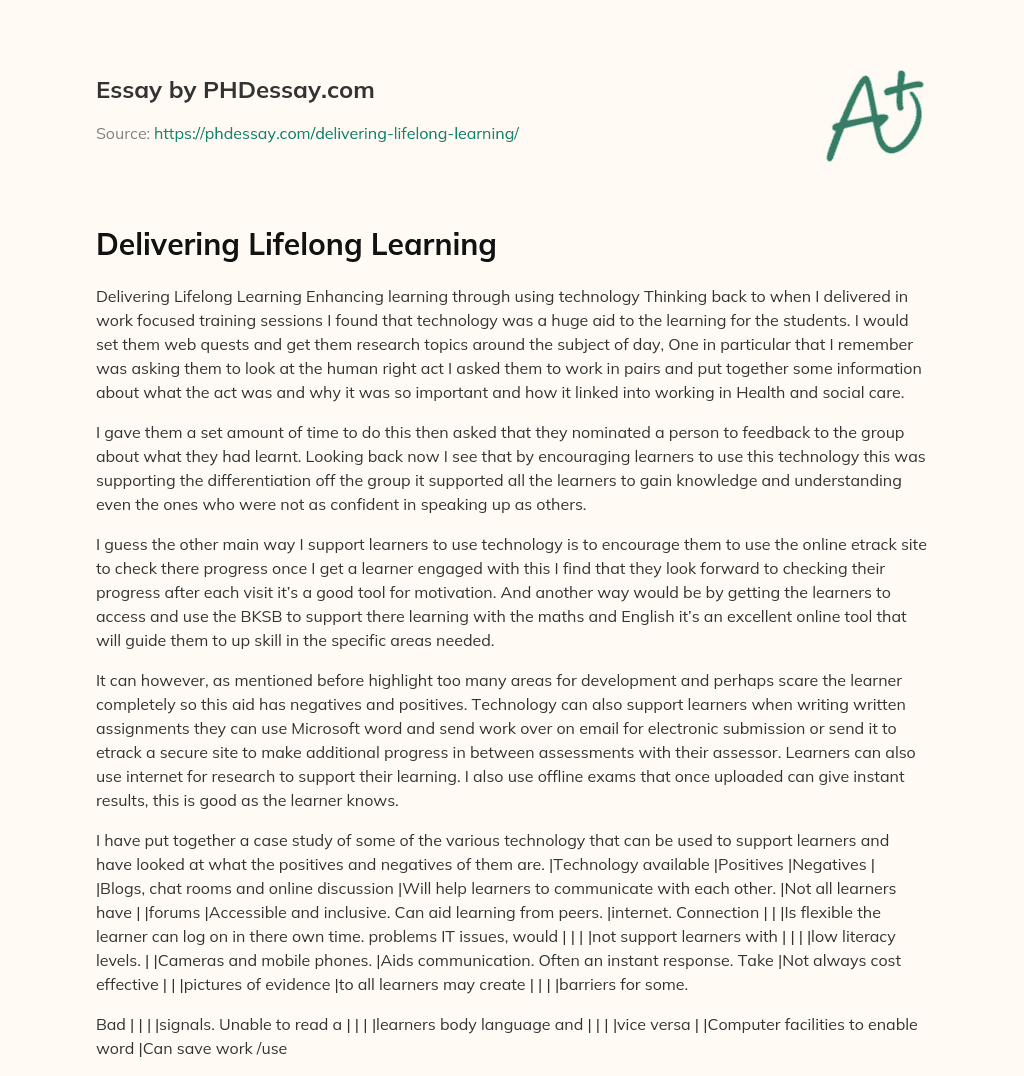 Delivering Lifelong Learning essay