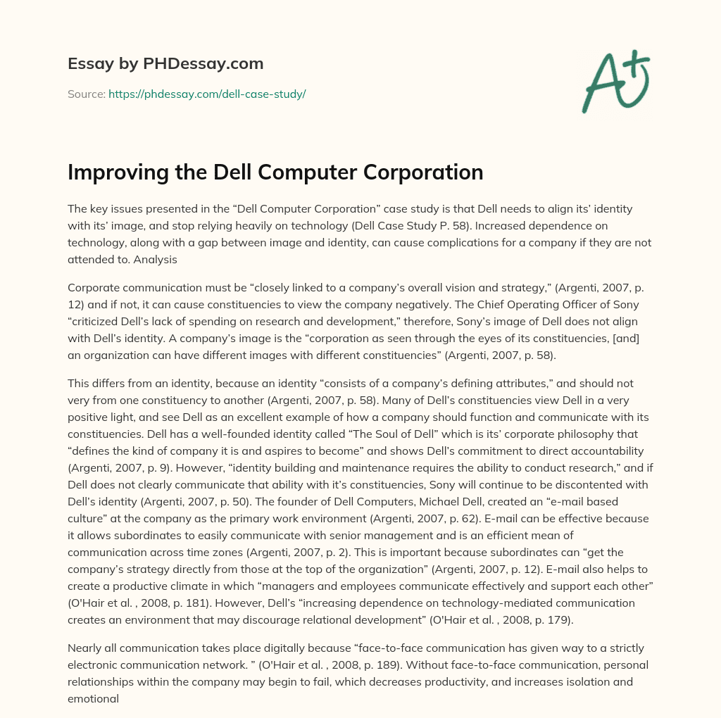 Improving the Dell Computer Corporation essay