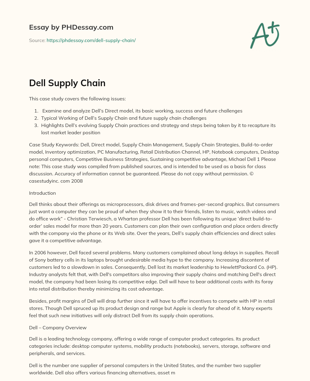 Dell Supply Chain essay